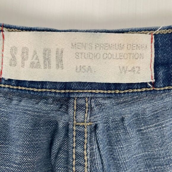 Spark Jean Shorts Mens SZ 42 Blue Medium‎ Wash Premium Denim Orange Stripe Jorts - Picture 10 of 14